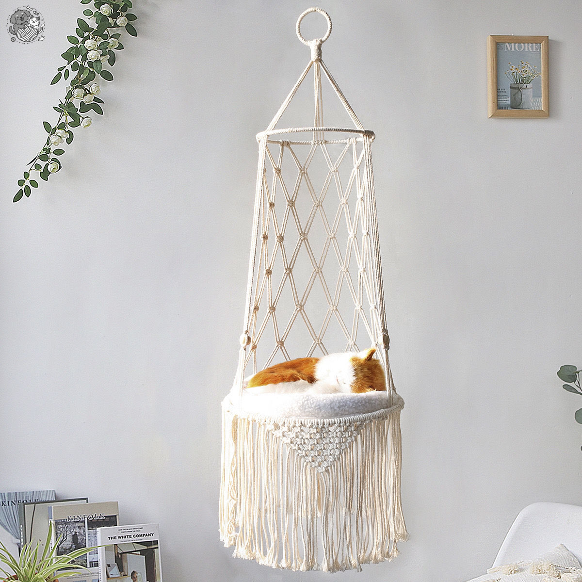 Artisan Macrame Cat Hammock – Luxury Boho Hanging Cat Bed with Plush Cushion – Space-Saving Indoor Pet Swing & Vertical Feline Furniture – 100% Sustainable Cotton