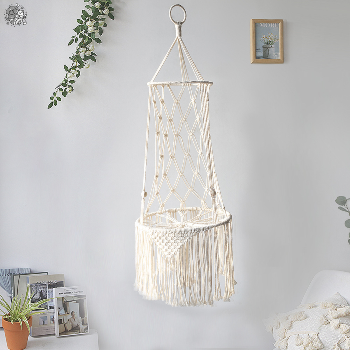 Artisan Macrame Cat Hammock – Luxury Boho Hanging Cat Bed with Plush Cushion – Space-Saving Indoor Pet Swing & Vertical Feline Furniture – 100% Sustainable Cotton