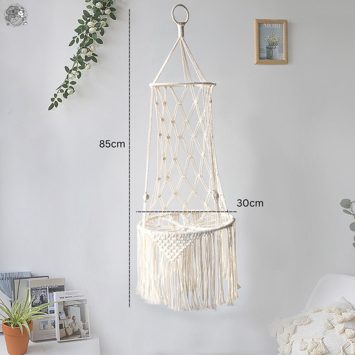 Artisan Macrame Cat Hammock – Luxury Boho Hanging Cat Bed with Plush Cushion – Space-Saving Indoor Pet Swing & Vertical Feline Furniture – 100% Sustainable Cotton