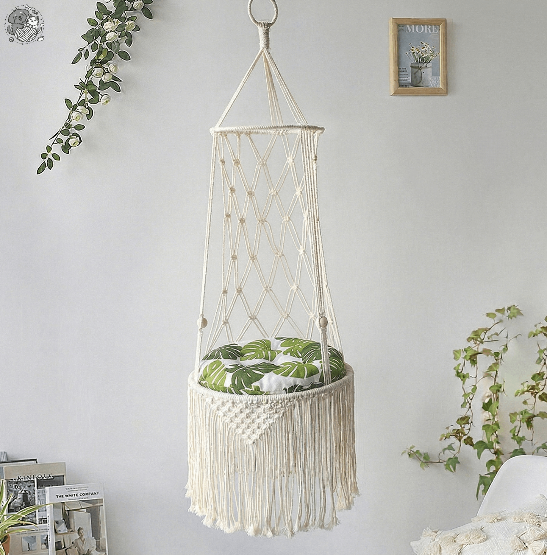 Artisan Macrame Cat Hammock – Luxury Boho Hanging Cat Bed with Plush Cushion – Space-Saving Indoor Pet Swing & Vertical Feline Furniture – 100% Sustainable Cotton